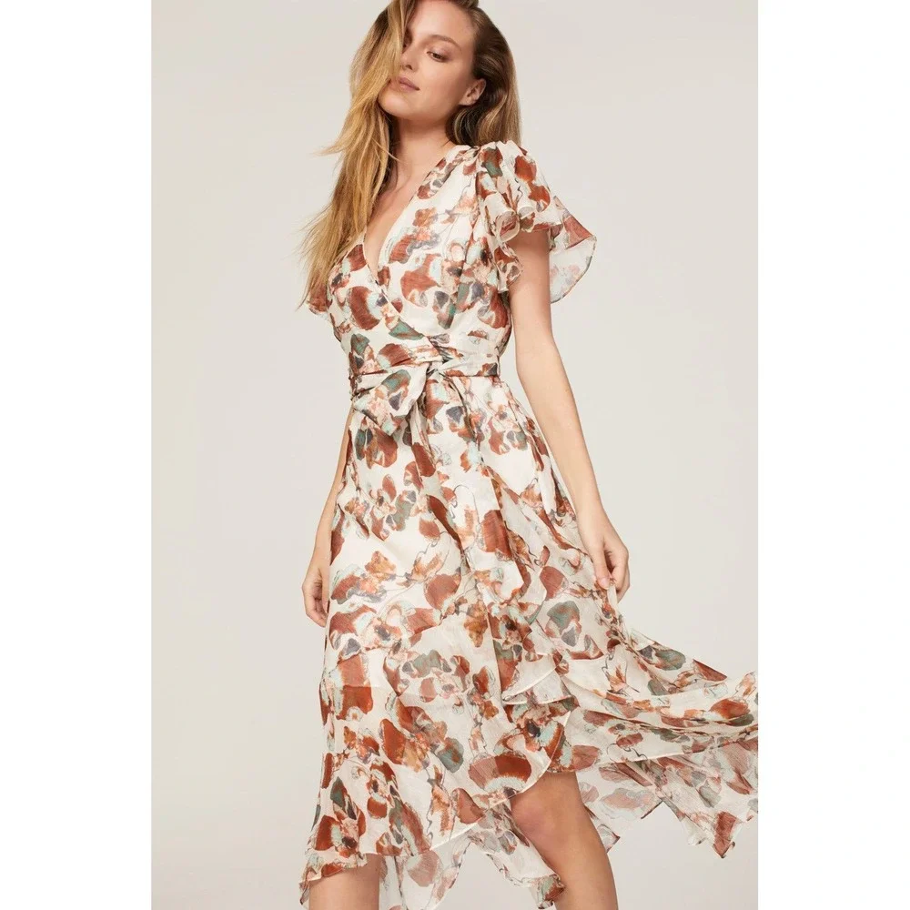 Tayna Taylor Floral Blair Silk and Linen Blend Wrap Midi Dress (MSRP: $565) 6
